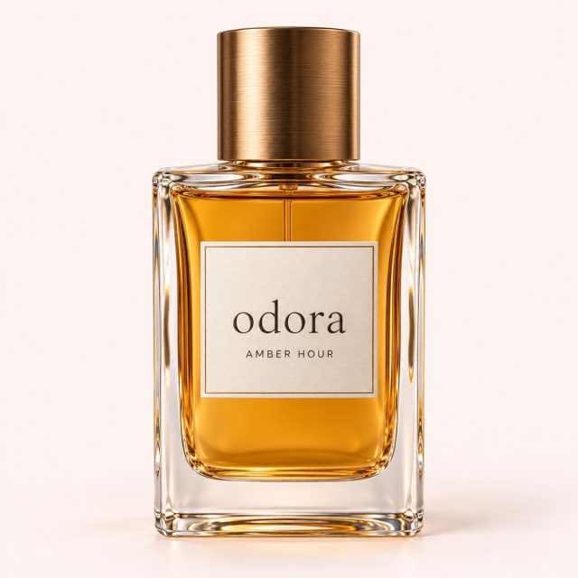 Amber Hour perfume — complete Odora bottle on a blush studio background