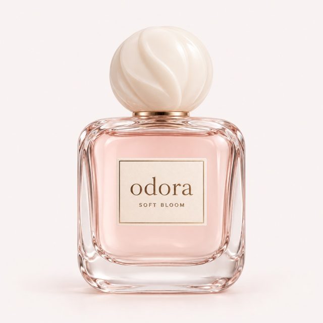 Soft Bloom perfume — complete Odora bottle on a blush studio background