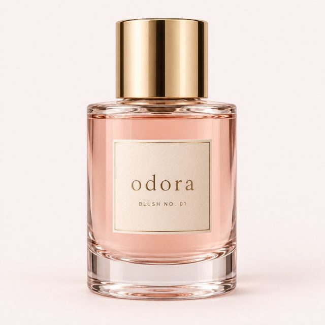 Blush No. 01 perfume — complete Odora bottle on a blush studio background