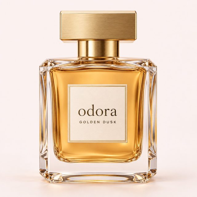 Golden Dusk perfume — complete Odora bottle on a blush studio background