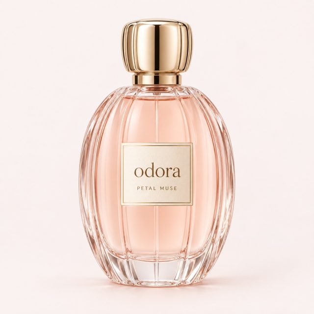Petal Muse perfume — complete Odora bottle on a blush studio background