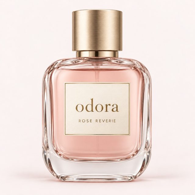 Rose Reverie perfume — complete Odora bottle on a blush studio background