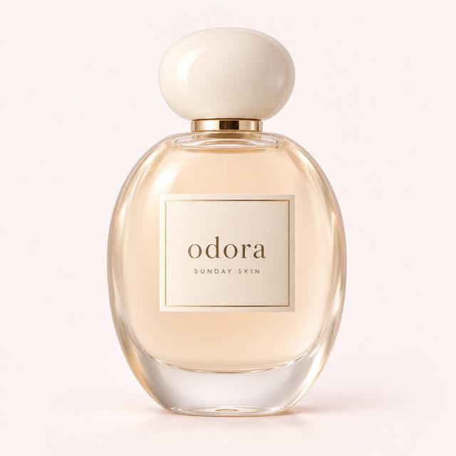 Sunday Skin perfume — complete Odora bottle on a blush studio background