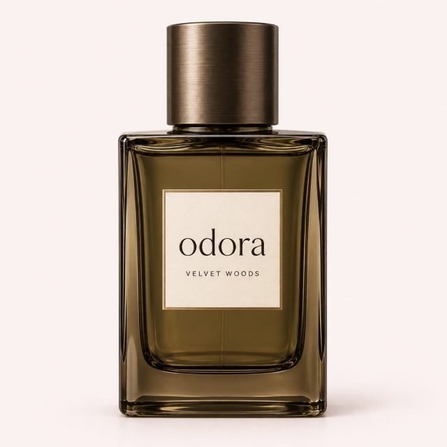 Velvet Woods perfume — complete Odora bottle on a blush studio background